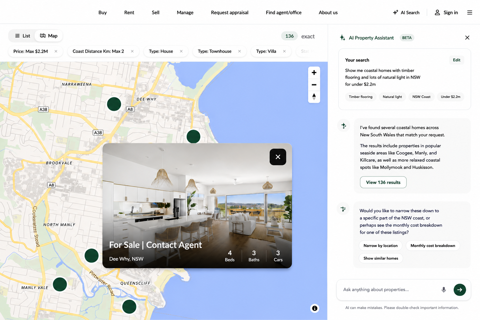 Property search map with listing markers and matching homes